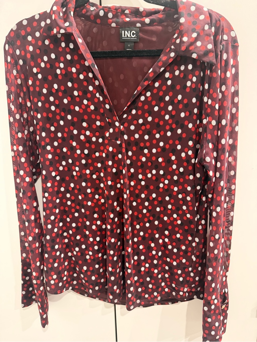 INC International Concepts Red Polka Dot Button-Front Long Sleeve Shirt
